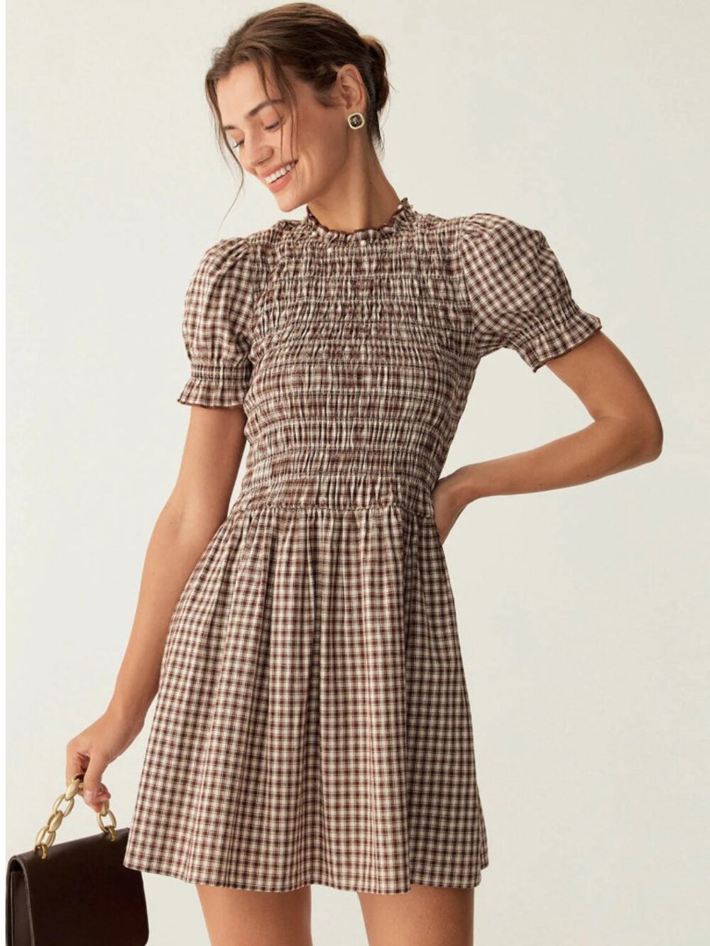 RIHOAS Coffee Gingham Puffed Sleeve Mini Dress M